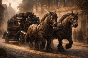 Также способны нести в сёдлах до трёх кавалеристов, или пулемётный расчёт вместе с лафетом и солидным гевером. На картинке бурлоны мчат цивильный дилижанс по улочкам города Кегель, примерно в 1925 году. Разумеется, в мире очень похожем на привычный вам, но всё-таки том, что я создаю под новое произведение.